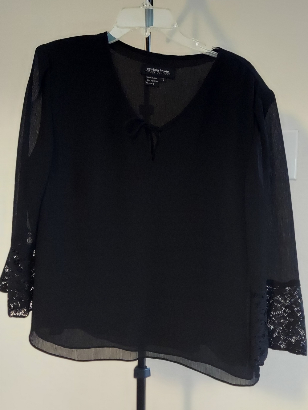 Cynthia Rowley Black V-Neck Blouse with Lace Cuffs